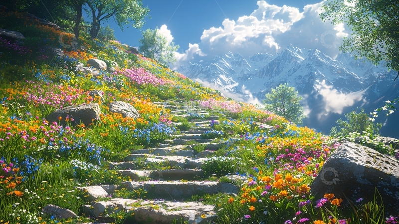 高清大图下载【趣麦麦图】山间花海石阶小路