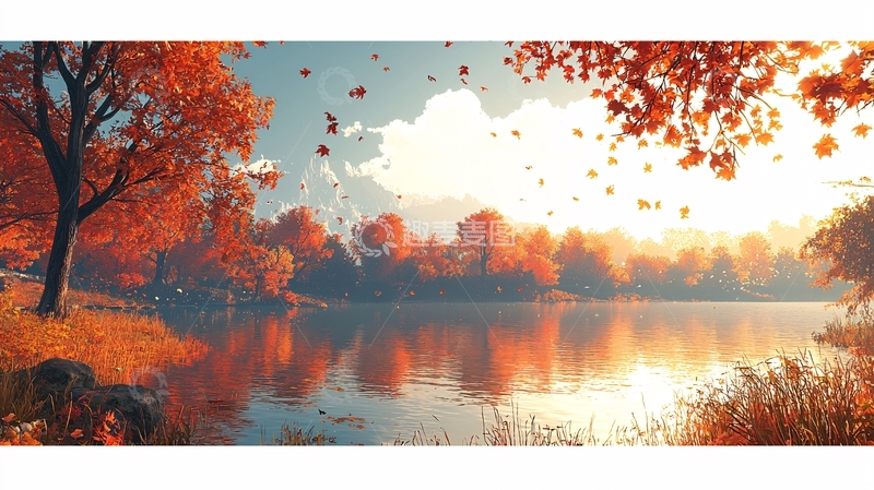 高清大图下载【趣麦麦图】秋日湖边红叶飘落