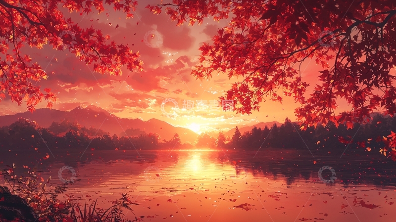 高清大图下载【趣麦麦图】红叶夕阳湖泊景色
