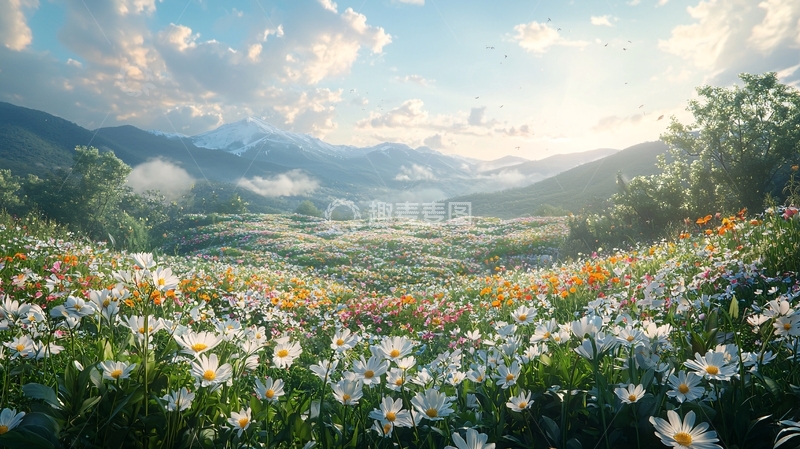 高清大图下载【趣麦麦图】山峦花海日出景色