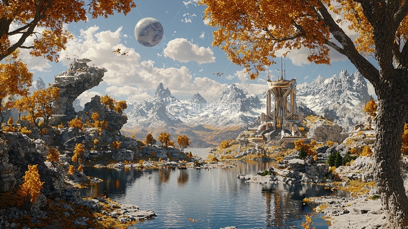 高清大图下载【趣麦麦图】秋日山峦湖边古堡