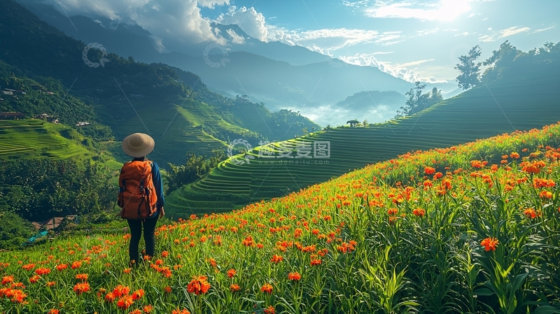 高清大图下载【趣麦麦图】山间田园花海远眺