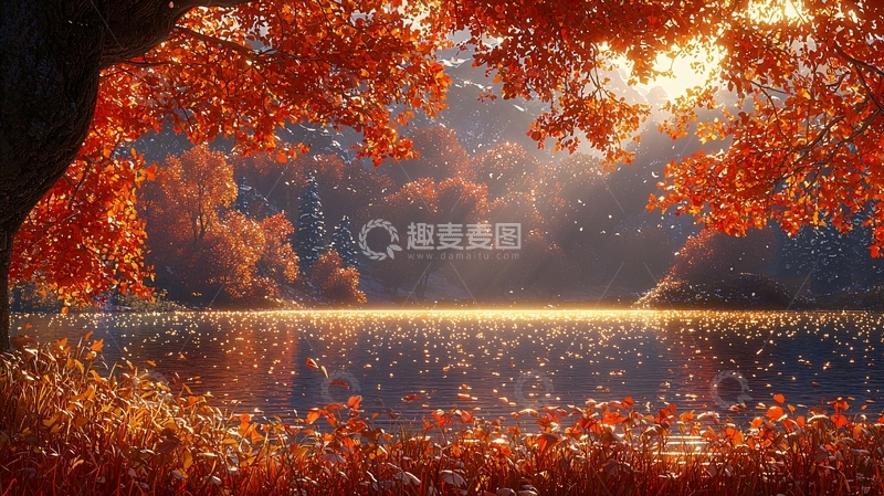高清大图下载【趣麦麦图】秋日湖边枫叶树