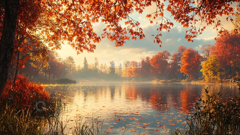 高清大图下载【趣麦麦图】秋日清晨湖边红叶