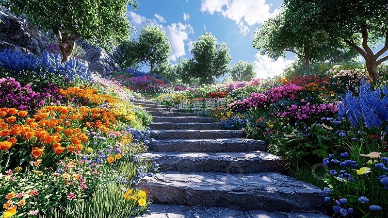 高清大图下载【趣麦麦图】鲜花盛开的石阶小路