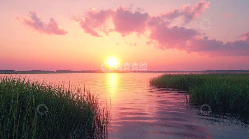 高清大图下载【趣麦麦图】粉色天空下的湖边日落
