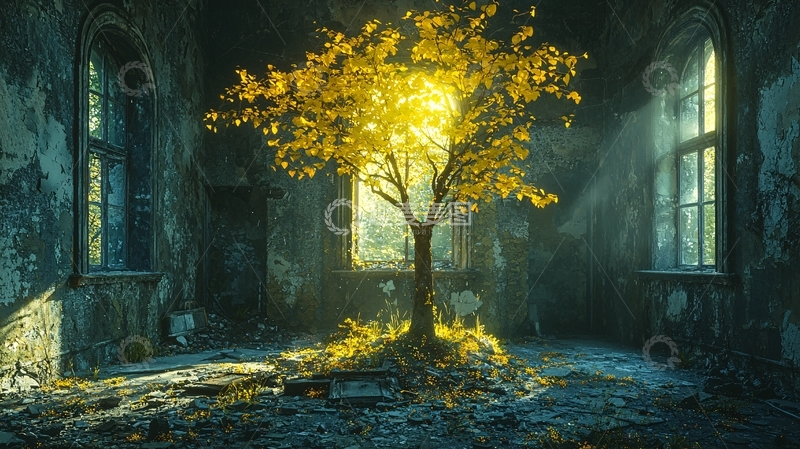 高清大图下载【趣麦麦图】废墟中的金色树木