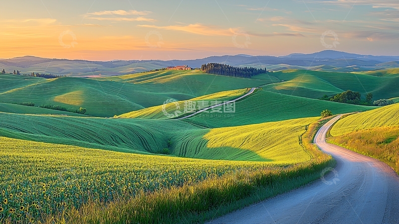 高清大图下载【趣麦麦图】清晨乡间小路蜿蜒起伏