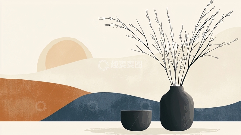 高清大图下载【趣麦麦图】极简主义日落花瓶插画