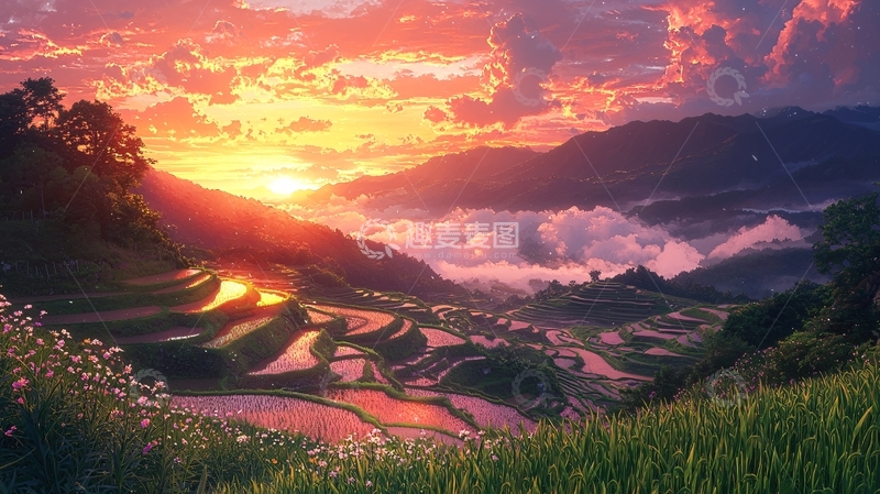 高清大图下载【趣麦麦图】日落余晖下的梯田美景