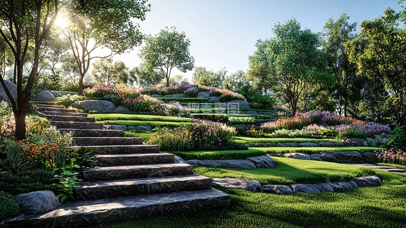 高清大图下载【趣麦麦图】阳光下的花园台阶