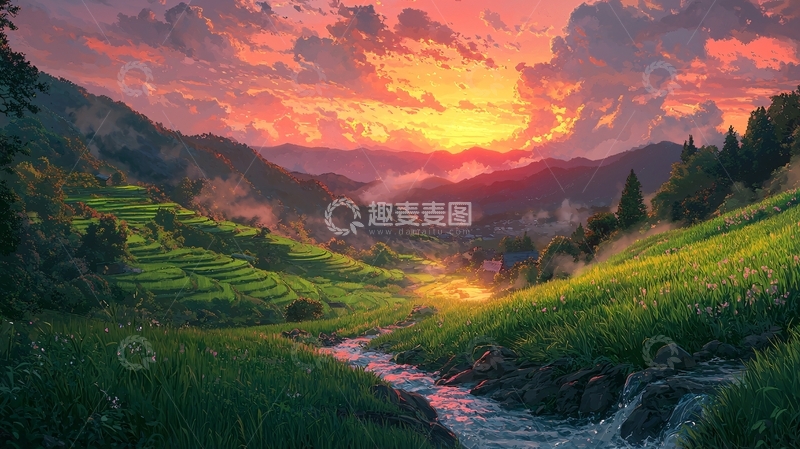 高清大图下载【趣麦麦图】日落山谷梯田美景