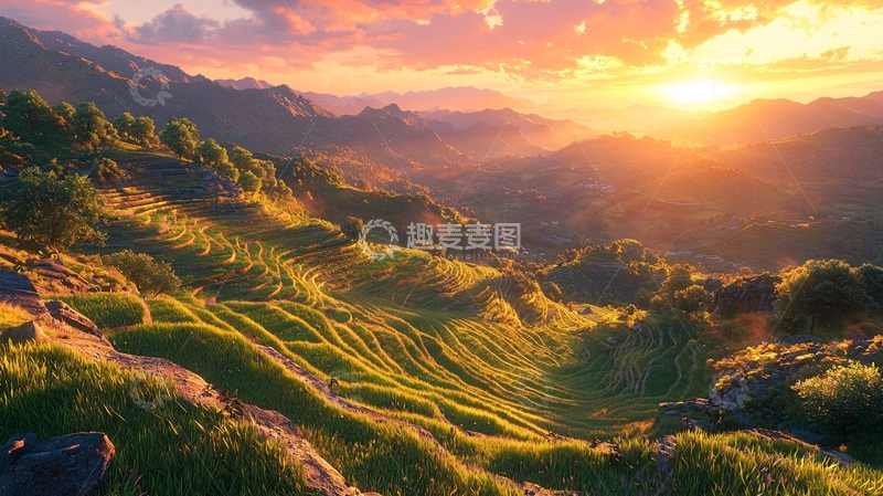 高清大图下载【趣麦麦图】日落下的梯田美景
