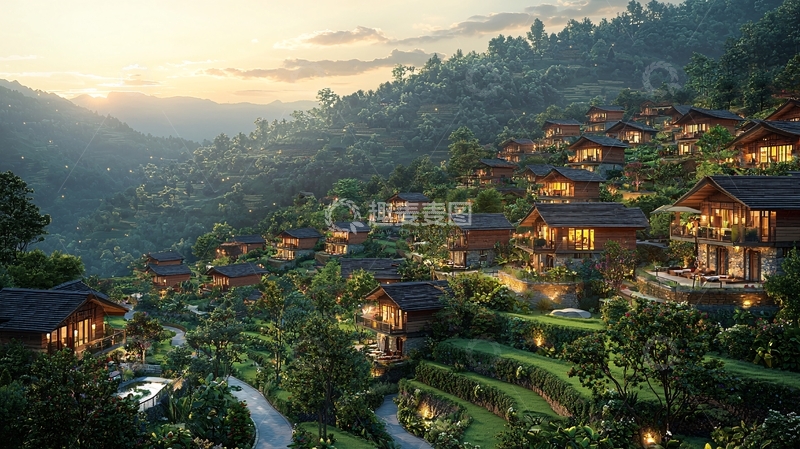 高清大图下载【趣麦麦图】山谷里的木屋村庄