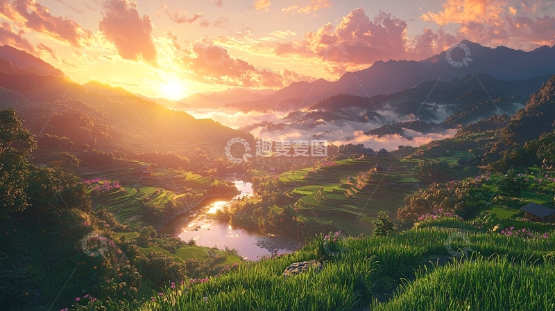 高清大图下载【趣麦麦图】日出山峦田园风光
