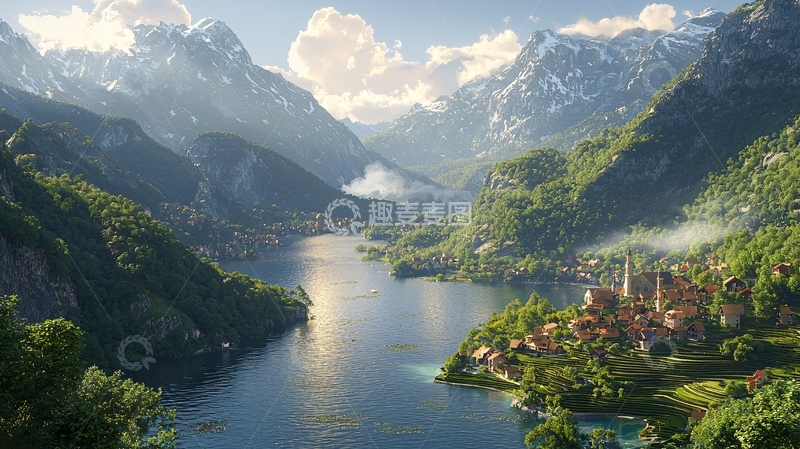 高清大图下载【趣麦麦图】高山湖泊小镇风光