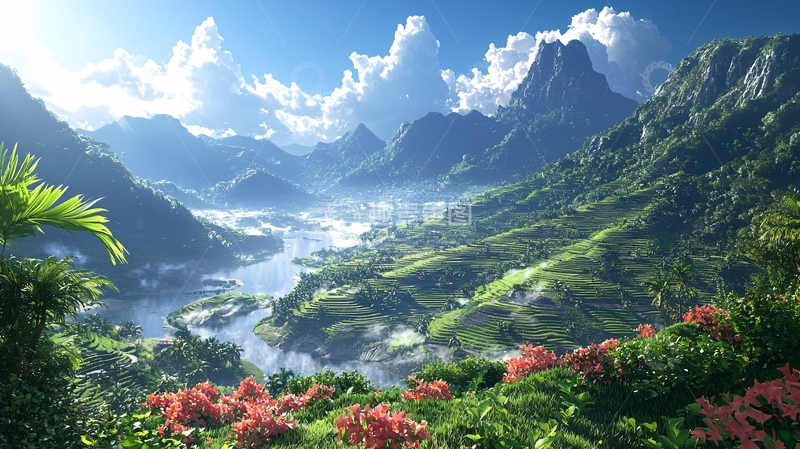 高清大图下载【趣麦麦图】阳光明媚的山谷河流