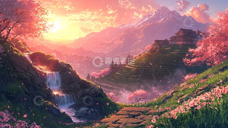 高清大图下载【趣麦麦图】粉色日出山峰樱花