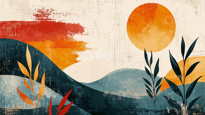 高清大图下载【趣麦麦图】抽象日落山峦图