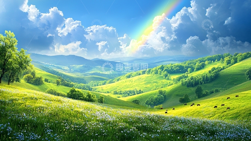 高清大图下载【趣麦麦图】彩虹下的绿色山谷