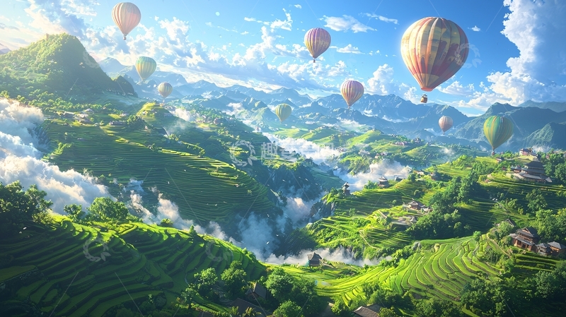 高清大图下载【趣麦麦图】热气球飞跃山峦梯田