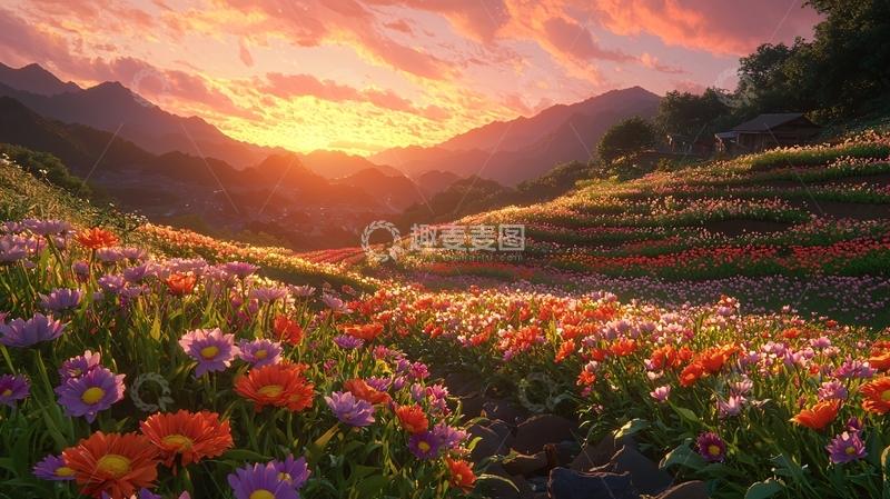 高清大图下载【趣麦麦图】日出山峦花海田园