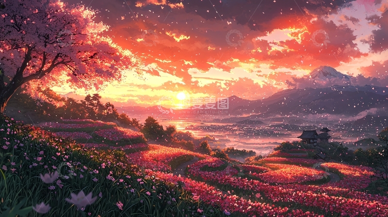 高清大图下载【趣麦麦图】唯美日落樱花山景