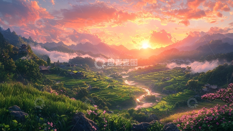 高清大图下载【趣麦麦图】山峦日出云海田园