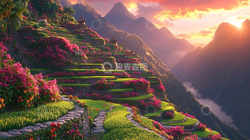 高清大图下载【趣麦麦图】山峦叠嶂花海梯田日落