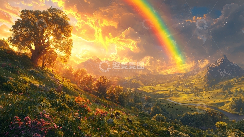 高清大图下载【趣麦麦图】彩虹山峦日落