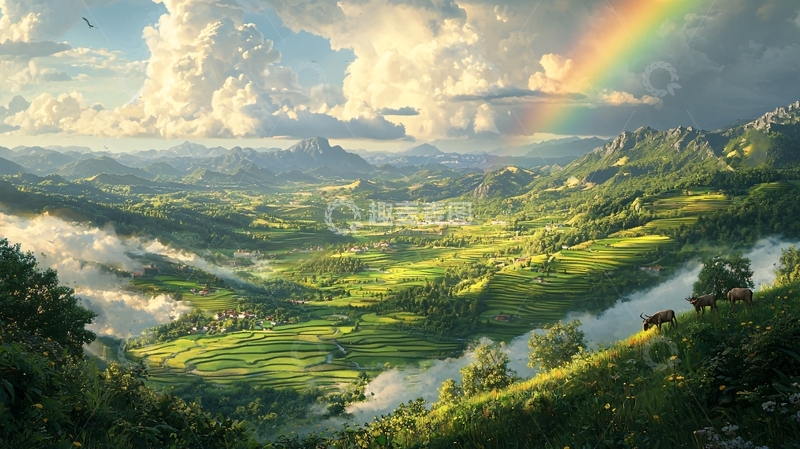 高清大图下载【趣麦麦图】绿色山谷的田园风光