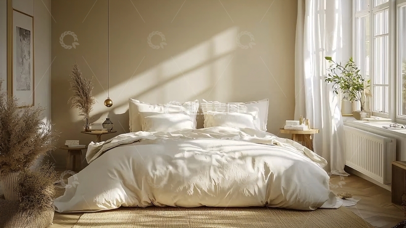 高清大图下载【趣麦麦图】阳光洒进卧室的温馨床铺