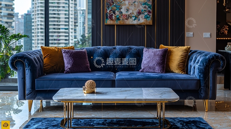 高清大图下载【趣麦麦图】蓝色天鹅绒沙发