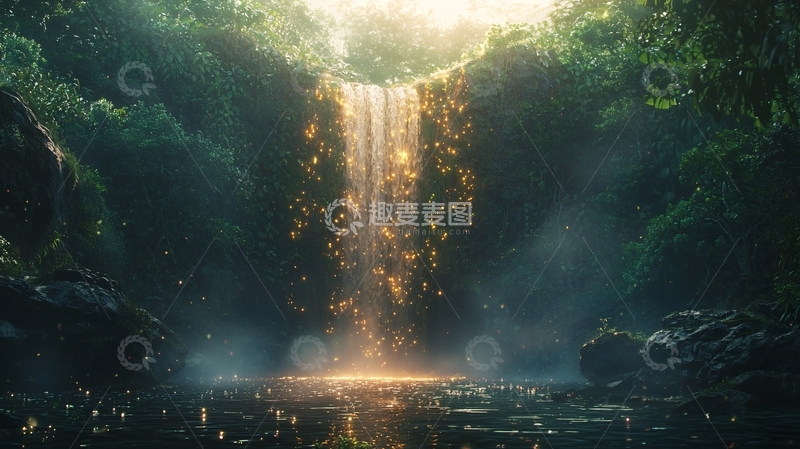 高清大图下载【趣麦麦图】阳光透过雨林照射瀑布