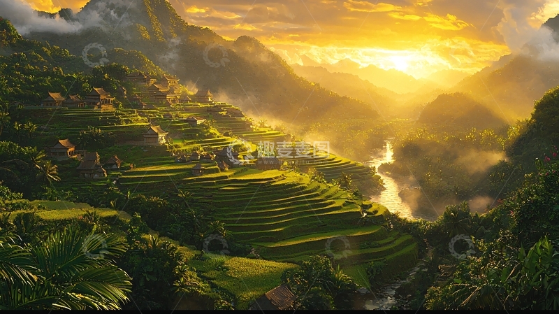 高清大图下载【趣麦麦图】日落梯田山谷村庄