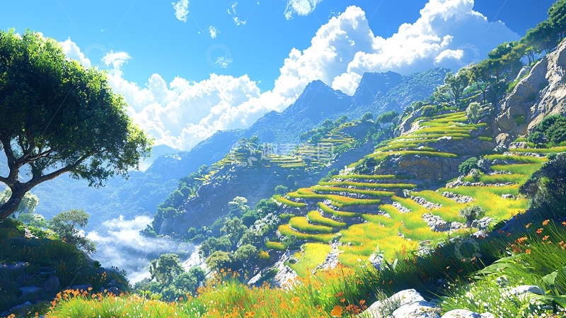 高清大图下载【趣麦麦图】阳光明媚的山峦梯田