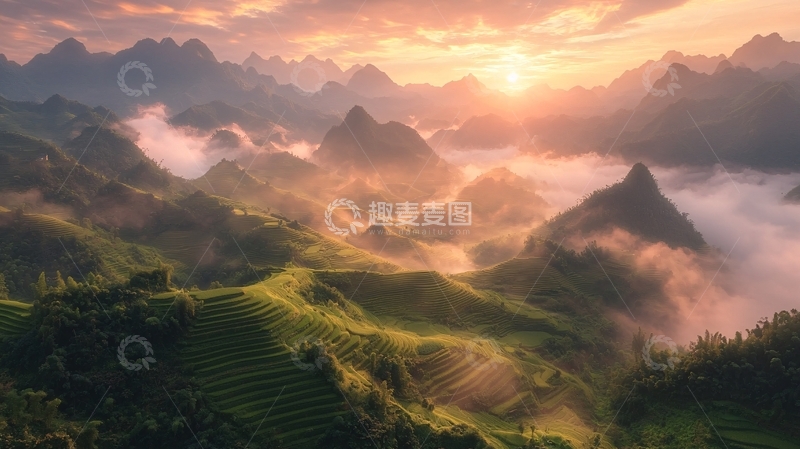 高清大图下载【趣麦麦图】日出山峦云海梯田