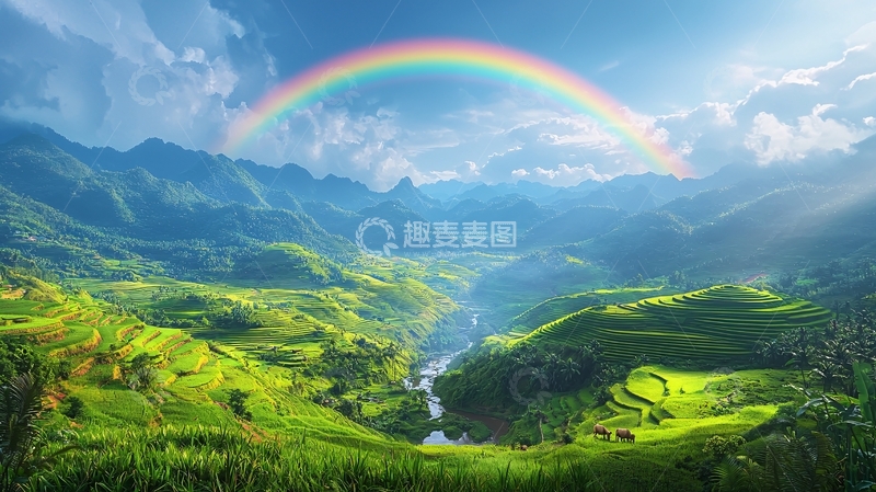 高清大图下载【趣麦麦图】彩虹山峦田园风光