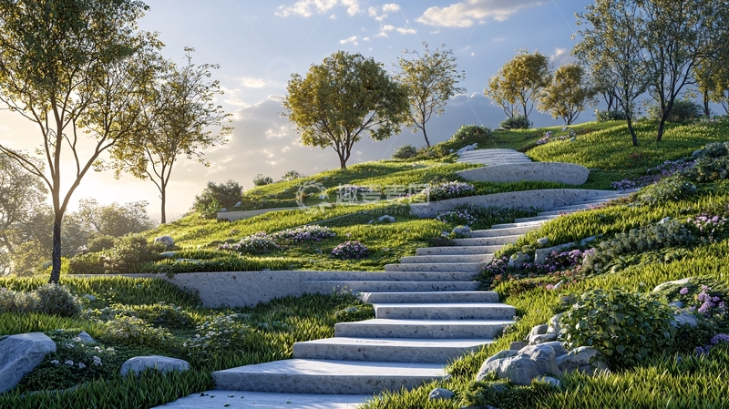 高清大图下载【趣麦麦图】阳光下的绿色山坡阶梯