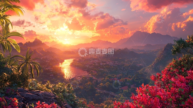 高清大图下载【趣麦麦图】热带日落山川河流风景