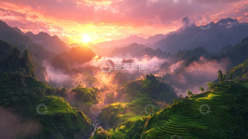 高清大图下载【趣麦麦图】日出山峰云海梯田