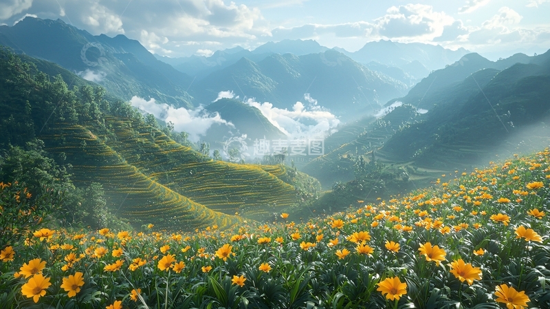 高清大图下载【趣麦麦图】山间花海梯田美景