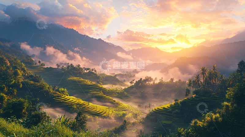 高清大图下载【趣麦麦图】日出山峦云海梯田