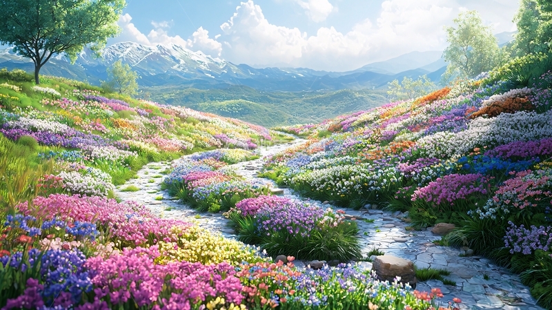 高清大图下载【趣麦麦图】梦幻花海山谷溪流