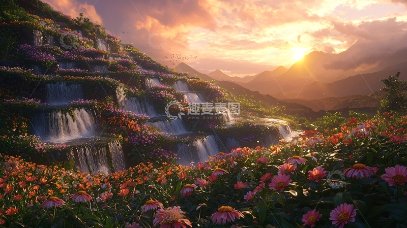 高清大图下载【趣麦麦图】日落山峦瀑布花海