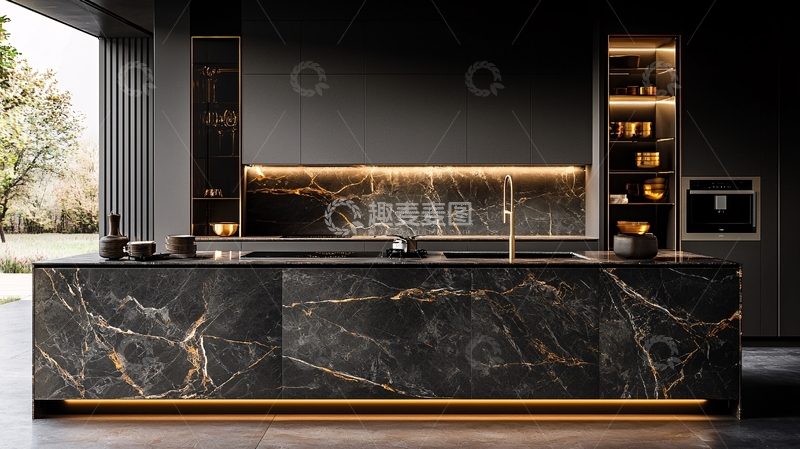 高清大图下载【趣麦麦图】现代极简黑色大理石橱柜
