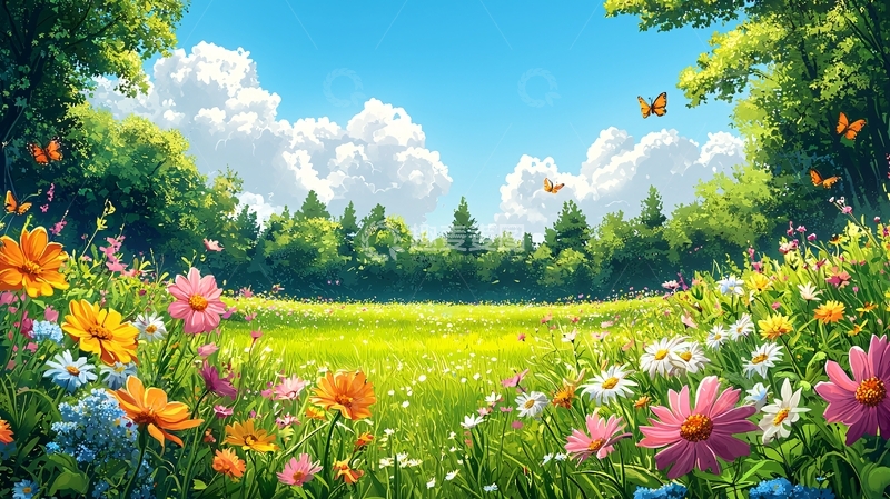 高清大图下载【趣麦麦图】梦幻花海绿树蓝天
