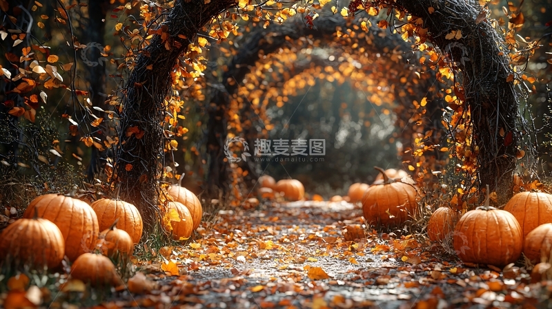 高清大图下载【趣麦麦图】秋季树林南瓜小路