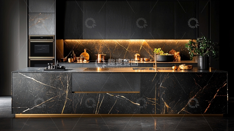 高清大图下载【趣麦麦图】黑色大理石台面现代厨房