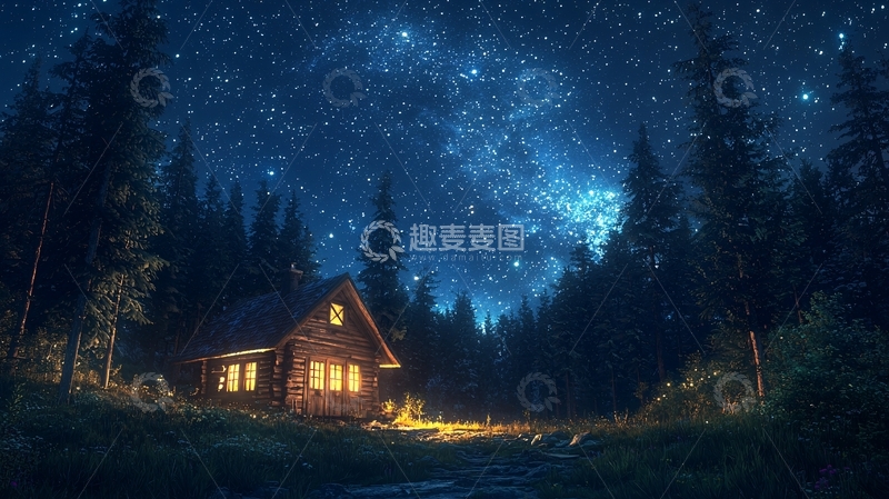 高清大图下载【趣麦麦图】星空下的森林小屋